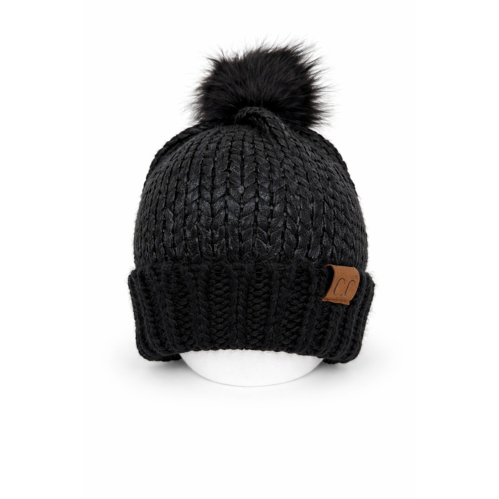 C.C Exclusives Womens Slouchy Tossle Fur Pompom Hat One Size Black Metallic Knit